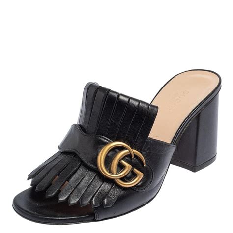 gucci black shoe open toe|gucci marmont fringe heels.